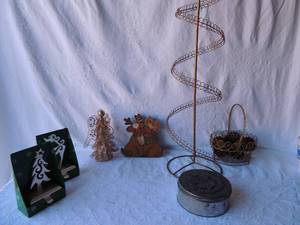lot 117 image: Christmas lot- metal gold Christmas tree (screw together 46 tall Silver trinket tin (heavy) Metal basket gold with handle  of gold pine cones Christmas tree seer stocking holders and more