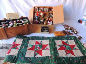 lot 119 image: Wooden crate of Christmas ornaments with certificate of authenticity by Thomas Pacconi, Christmas violin by Lucie Sable, jingle bells,  classics green and red star table runner and box of misc. Christmas ornaments