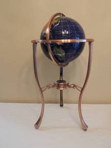 lot 51 image: PIER ONE INLAYED GLOBE ON BRONZE METAL STAND WITH COMPASS - 34 H X 17 DIAMETER - VERY NICE 