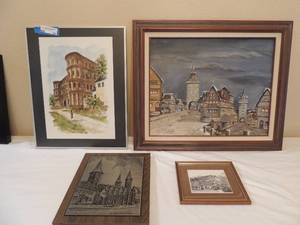 lot 59 image: 4 ART PIECES - WOODEN PLAQUE CASTLE   KAUSEISLAUTERN  13 X 10  HOUSE PRINT  BY LANDSTUXL     4 STORY HOTEL  BY ROBERT WIL TRIER 1980 20 X 16  VILLAGE  25 X 22EX