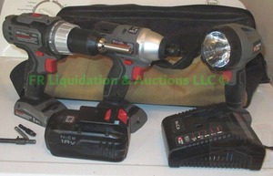 lot 16 image: Porter Cable cordless power tool set, Drill, Impact driver, flashlight, battery & charge dock
