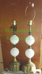 lot 18 image: Retro 1960s hobnail milk glass trophy lamps