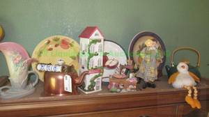 lot 88 image: Ceramic vases plates plus Contents of top shelf