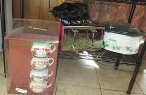 lot 98 image: Farberware 4 slice toaster, crock pot, George Foreman grill and more, contents of shelf