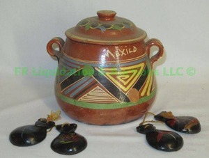 lot 103 image: Hand made in Mexico terra-cotta bean pot and Spanish dancer hand Castanets