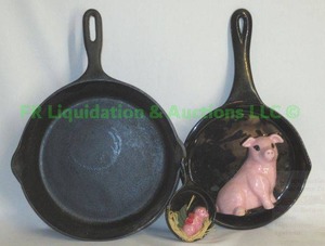 lot 254 image: Cast iron deep skillet and ceramic pigs in a pan wall decor