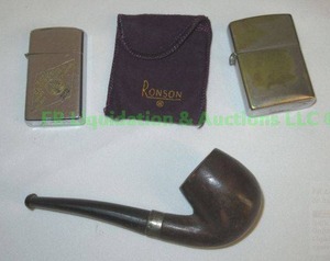 lot 179 image: 1960s Zippo lighters (2) and French Briar tobacco pipe