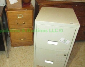 lot 171 image: Metal and oak wood file cabinets