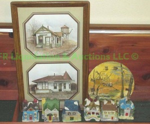 lot 228 image: Saw blade wall clock, Framed farmhouse prints and ceramic trinket box village