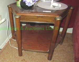 lot 148 image: Hexagon shaped end table with glass top 23 x 23 x 20