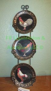 lot 257 image: Rooster decor plates with display hanger