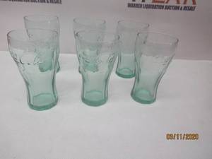 lot 64 image: VINTAGE COCA COLA GLASSES 4.5H GREEN COKE GLASS- EMBOSSED GLASS COLLECTIBLE COKE MEMORABILIA&nbsp
