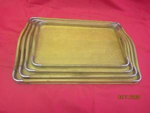 lot 69 image: VINTAGE OCCUPIED JAPAN BLONDE WOOD AND CHROME SERVING TRAYS