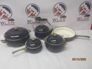lot 107 image: 5PC VINTAGE 1950S GERMAN ENAMEL COOKWARE BY FISSLER ASTA&nbsp &nbsp ROYAL BLUE BRASS HANDLE &amp TRIM&nbspINCLUDE DUTCH OVEN,TEA POT,SAUCE PAN,SKILLET,BEAN POT&nbsp