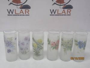 lot 161 image: TOTAL OF 6 VINTAGE FROSTED HAND PAINTED FLORAL DESIGN DRINKING GLASSES