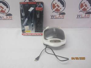 lot 351 image: GEORGE FOREMAN LEAN MEAT FAT GRILLING MACHINE GR10ABW &amp GEORGE FOREMAN 4 PIECE NYLON GRILLING TOOL SET&nbsp