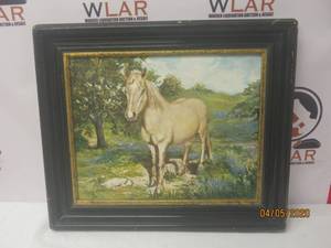 lot 382 image: VINTAGE BLACK WOOD FRAME HORSE PAINTING SIGNED SLEEPY READ&nbsp