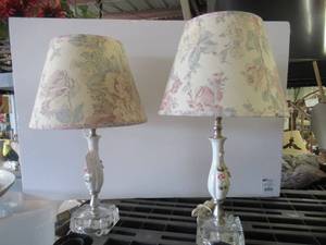 lot 13 image: DECORATIVE PORCELAIN LAMPS WITH FLORAL SHADES