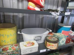 lot 16 image: DECORATIVE STORAGE TINS ASSORTED SHAPES SIZES AND STYLES