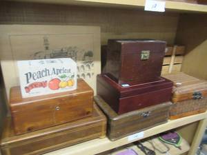 lot 19 image: WOODEN BOXES WINE BOXES JEWELRY BOXES