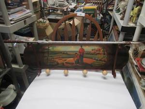 lot 46 image: VINTAGE WALL MOUNTED ENTRYWAY COAT RACK FEATURING 4 - 1930S ERA GOLF CLUB SHELF 37 LONG WITH 4 GOLF BALL TO HANG COATS