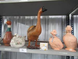lot 59 image: WICKER WOVEN GOOSE AND CERAMIC DUCK FIGURINE COLLECTION