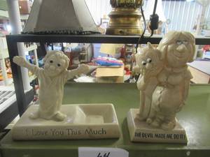 lot 64 image: WALLACE & RUSS BERRIE COMPANY FIGURINE COLLECTIBLES I LOVE YOU THIS MUCH JEWELRY DISH THE DEVIL MADE ME DO IT FIGURINE FEATURING PREGNANT WOMAN AND A DEVIL