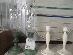 lot 82 image: PAIR OF ANTIQUE CANDLE HOLDERS WITH GLASS GLOBES 14 TALL AND A PAIR OF 8 WHITE CANDLE HOLDERS