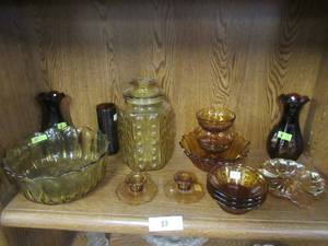 lot 88 image: THREE - TIER CANDY BOWL AND COLORED GLASS VESSLES