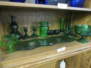 lot 92 image: 2 PIECES OF URANIUM GLASS, GREEN GLASSWARE, CANDLE HOLDERS AND OTHER COLLECTIBLES