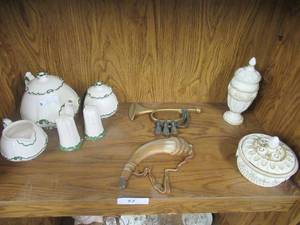 lot 93 image: TEAPOT WITH MATCHING SUGAR BOWL CREAMER CARAFE SALT & PEPPER SHAKERS AND DECORATIVE BUGLE & POWDERHORN