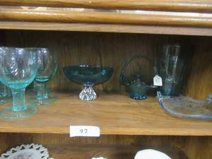 lot 97 image: LIGHT BLUE GOBBLETS FRUIT PEDESTAL AND BASKET