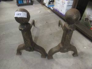 lot 129 image: ANDIRONS SOLID CAST IRON WITH BRONZE FINISH