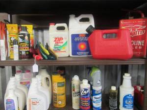 lot 130 image: GAS CANS, SOLVENTS, DE-ICER AND MORE
