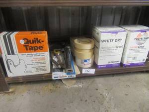lot 132 image: DRY WALL LOT INCLUDES GROUT, TAPE ROLLS, BONDEX PATCH AND REPAIR KIT, QUICK TAPE KIT. TOOLS AND MORE