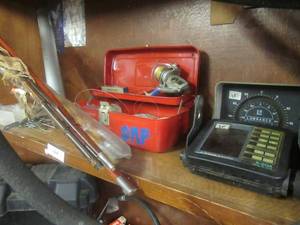 lot 134 image: LOWRANCE BLUE WATER PRO FLASHER DEPTH FINDER MODEL# LFG-360, LOWERANCE X-20A DEPTH FINDER, TACKLE BOX WITH SPINNING REEL, 2 CANE POLES, METAL STRIGER AND MORE