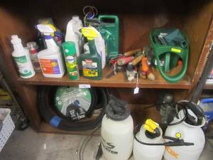 lot 136 image: OUTDOOR GARDENING LOT INCLUDES SCOTT HAND FERTILIZER, GARDENING SHOVELS, 3 BUG SPRAYERS, AND VARIOUS PESTICIDES AND INSECTICIDES