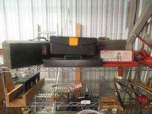 lot 137 image: 2 METAL TOOL BOXES, 1 PLASTIC TOOL BOX AND ASSORTED HAND AND WOOD SAWS