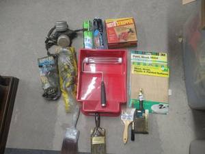 lot 145 image: PAINTERS LOT INCLUDES ROLLER AND TRAY, EXTRA ROLLERS, VARIOUS PAINT BRUSHES, STEEL WOOL, SANDPAPER, AND MORE