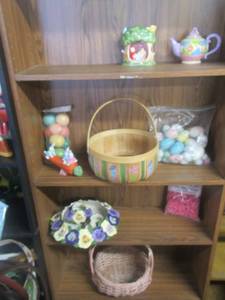 lot 179 image: EASTER LOT INCLUDES TALL WOOD BUNNY, EASTER TEA POT, CERAMIC EASTER DISPLAY, EASTER EGGS BASKETS ANS MORE