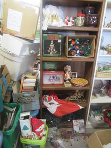 lot 185 image: CHRISTMAS DECORATIONS INCLUDING ANGELS, CERAMIC SANTA CLAUS, RED GLASS CANDLE HOLDERS, ELECTRIFIED CHRISTMAS DECORATIONS, VINTAGE LARGE BULB STRING OF LIGHTS, CERAMIC TRAIN, 6 STRINGS OF TREE LIGHTS AND MORE
