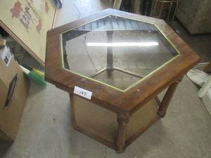 lot 197 image: WOOD AND GLASS HEXAGON SIDE TABLE 24 X 24 X 21