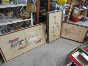 lot 201 image: RUPESTRE DU TASSILI BU GEORGES LE POITEVIN 3 PIECE ART SET FRAMED ON CANVAS SIGNED AND FRAMED