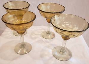 lot 94 image: 4 Hand Blown Margarita Glasses Gold Amber
