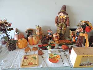 lot 40 image: Large lot of Halloween and fall dcor including pumpkins, scarecrows yard art candle holder new in box
