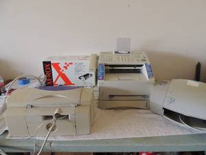 lot 52 image: Brother MFC-8500 fax machine unknown working condition, desk jet printer very used unknown working condition, Xerox toner cartridge Hewlett packered printer unknown working order