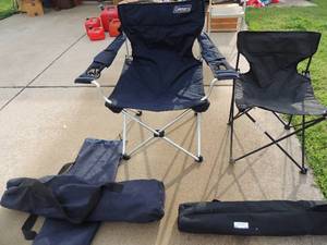 lot 54 image: 2 large fold up camping chairs in bag 2 small black fold up camping chairs