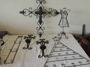 lot 71 image: Large iron cross 28x25 small iron wall pic holder 22x3, 2 iron candle holders wall dcor 16x7 metal Christmas wall decor25x20 dress stand child size 19.5