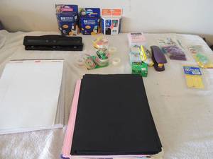 lot 73 image: Office supply lot - note pads, card stock, scotch tape x 5 stapler and staples Divider tabs, HP ink NIB ink size C1823D black 51625a Turquois HP black 26