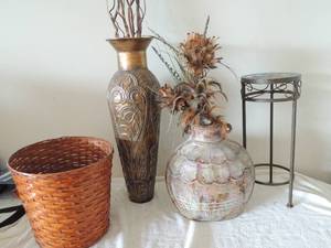 lot 106 image: decorative metal and tin flower planters x 2, concrete top 8 diameter 14tall side table